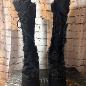 Demonia Black Fuzzy Lace-Up Platforms